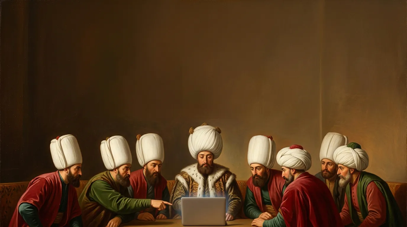 Bir laptopta web sitesini inceleyen padişah ve sadrazamları gösteren yağlı boya tablo