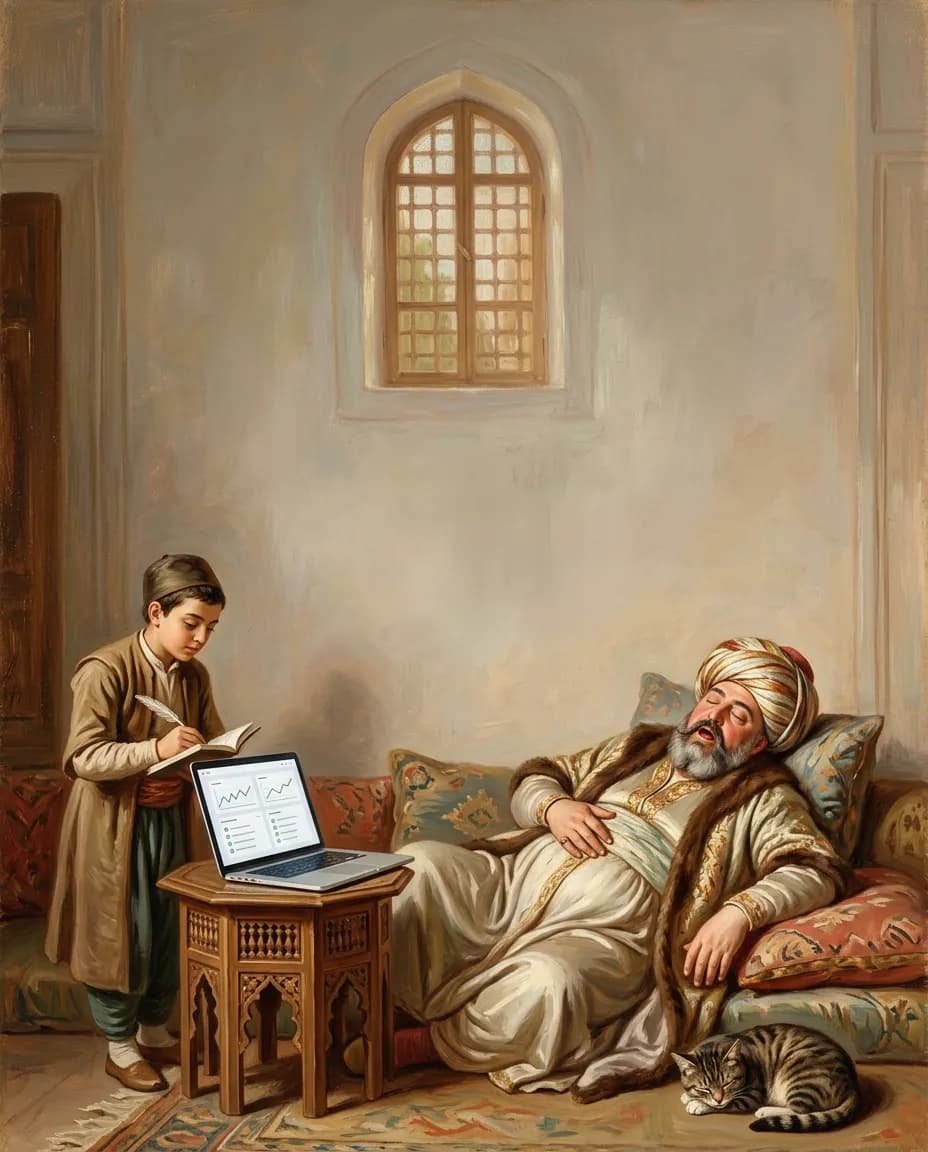Açık bir laptopun yanında divanda öğle uykusuna dalmış Osmanlı paşasını gösteren yağlı boya tablo