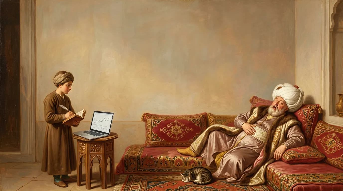 Açık bir laptopun yanında divanda öğle uykusuna dalmış Osmanlı paşasını gösteren yağlı boya tablo