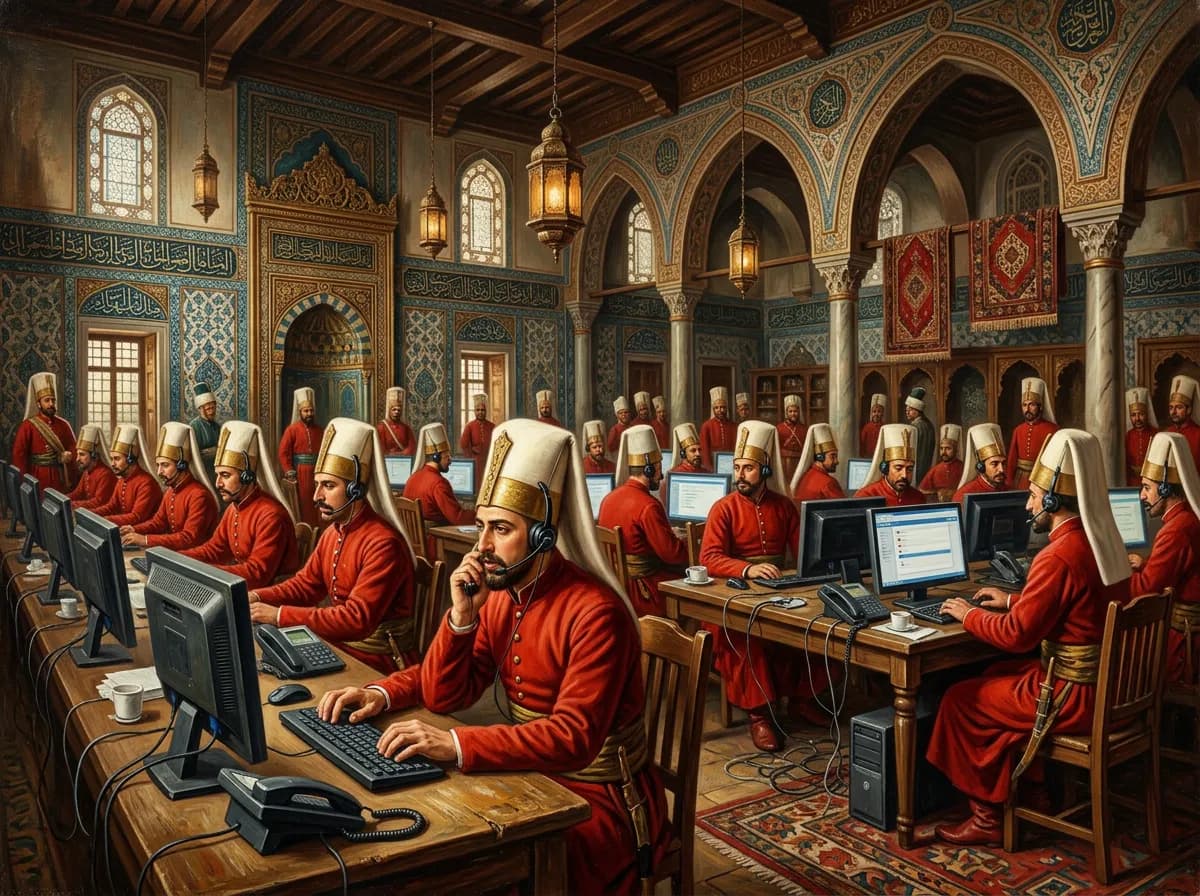 Oil painting of Janissaries in an Ottoman hall turned call center, answering customers at computers with headsets
